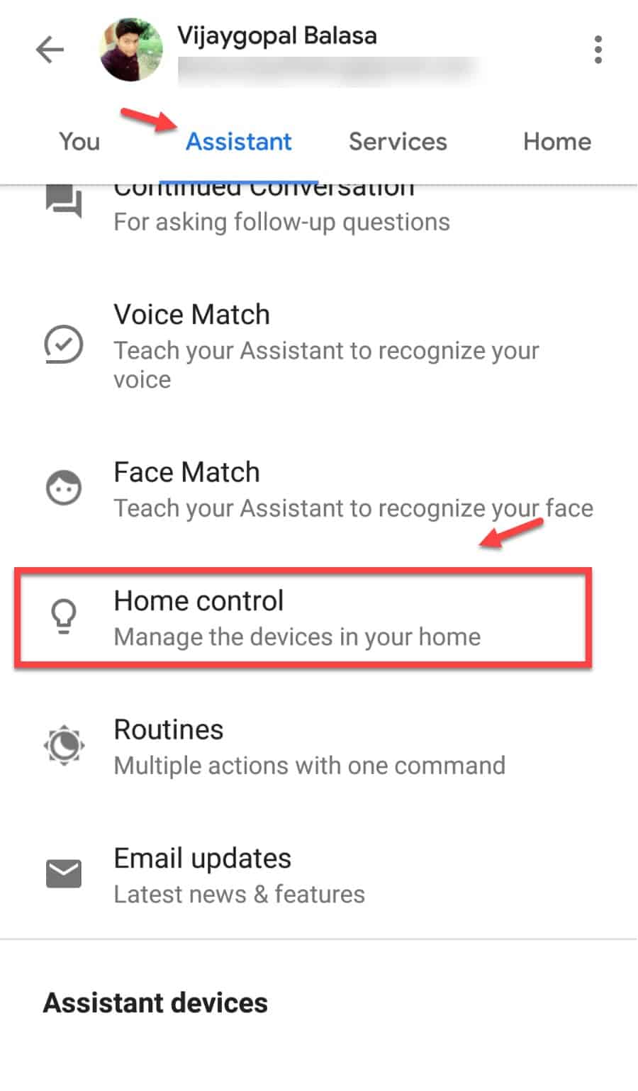 Google Assistant settings for Home control
